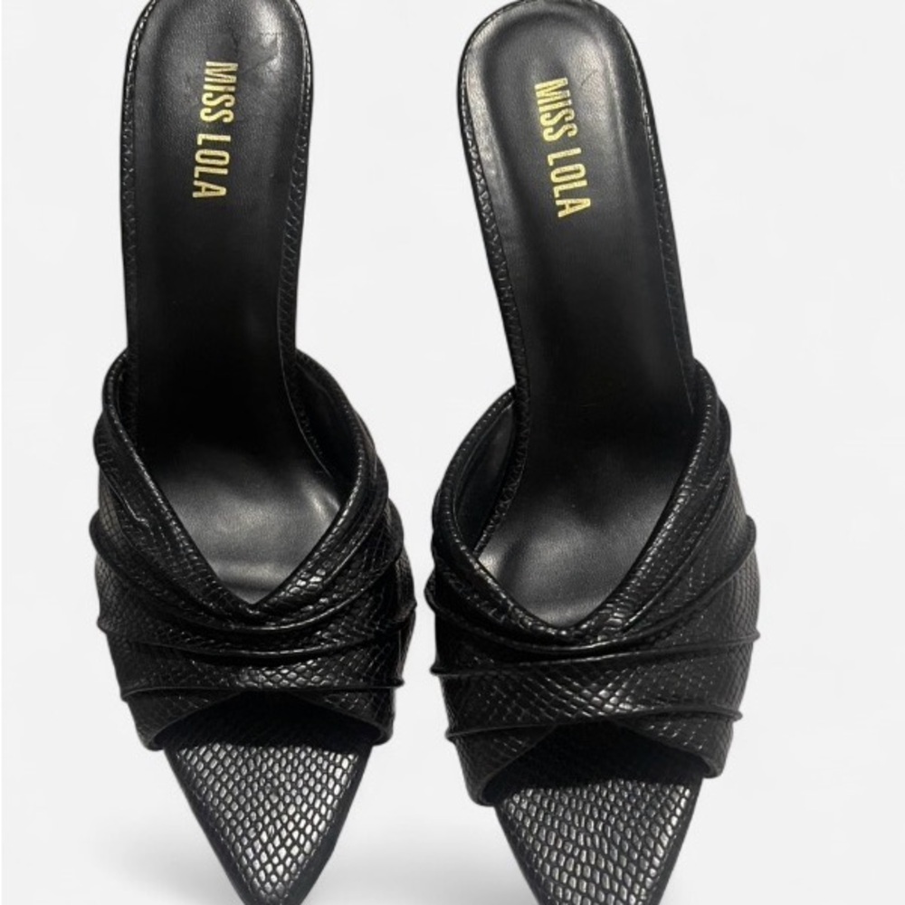 Miss Lola black textured stiletto mule heels, slip on, pointed toe, faux leather